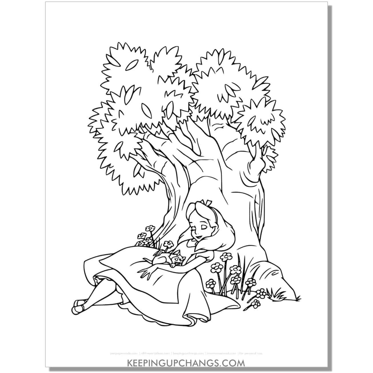 alice in wonderland sleeping under tree coloring page, sheet.