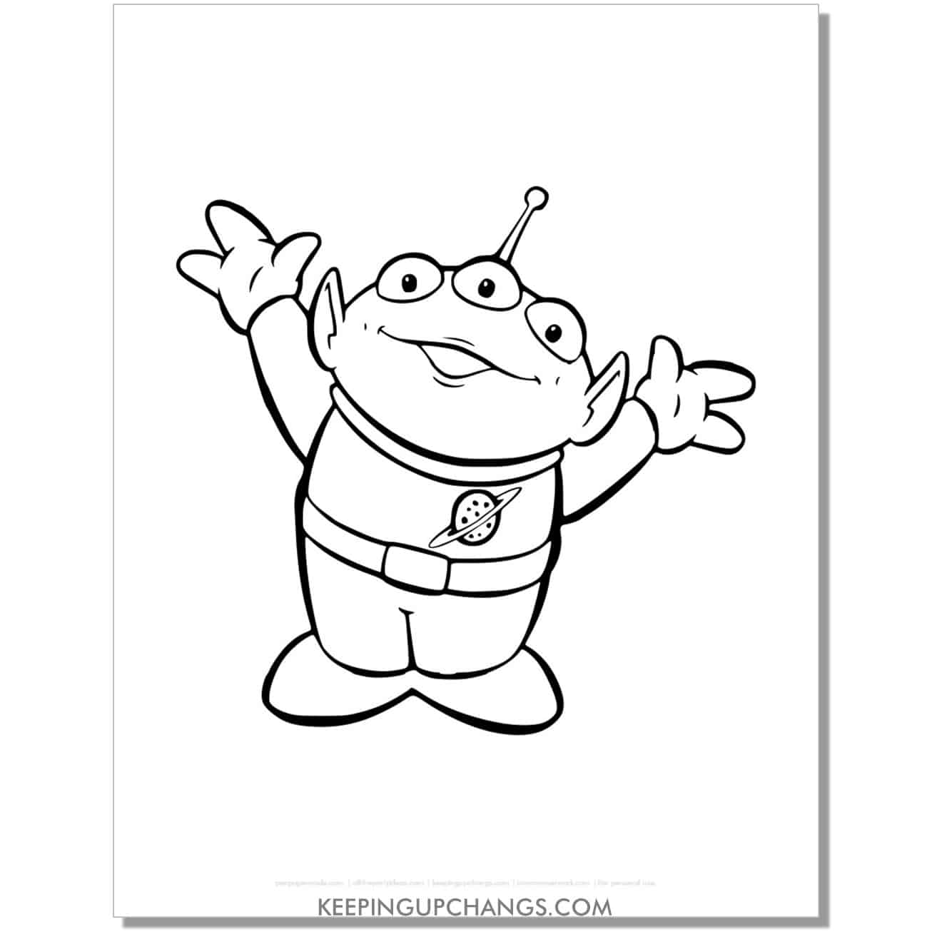 free little green man alien toy story coloring page, sheet.