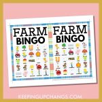 free farm bingo card 5x5 5x7 game boards with images and text words.