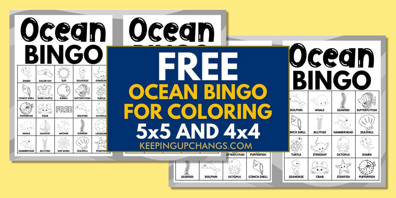 free black, white ocean bingo cards 5x5 4x4 for birthday party, wedding, baby shower.