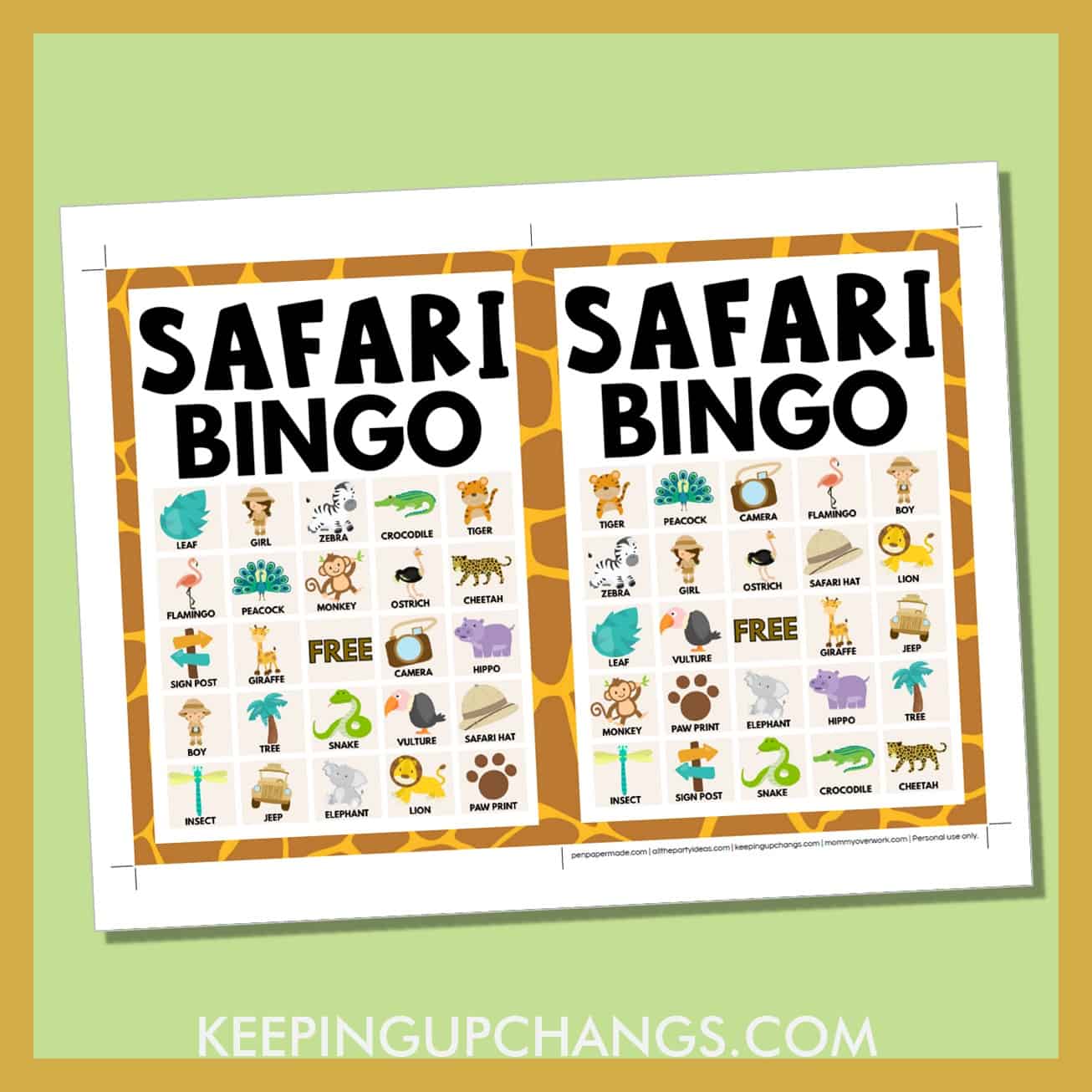 free safari bingo card 5x5 5x7 game boards with images and text words.