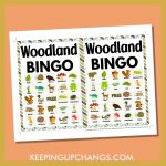 free woodland bingo card 5x5 5x7 game boards with images and text words.