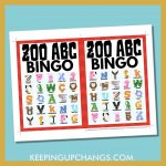 free zoo bingo card 5x5 5x7 game boards with images and text words.