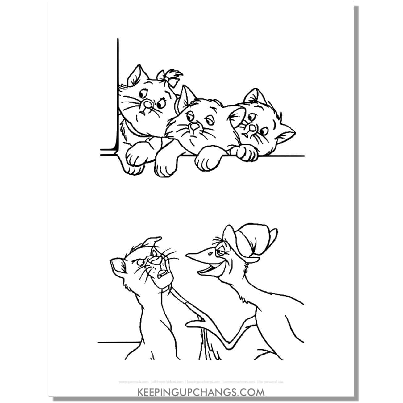 marie, toulouse, berlioz at the window aristocats coloring page, sheet.