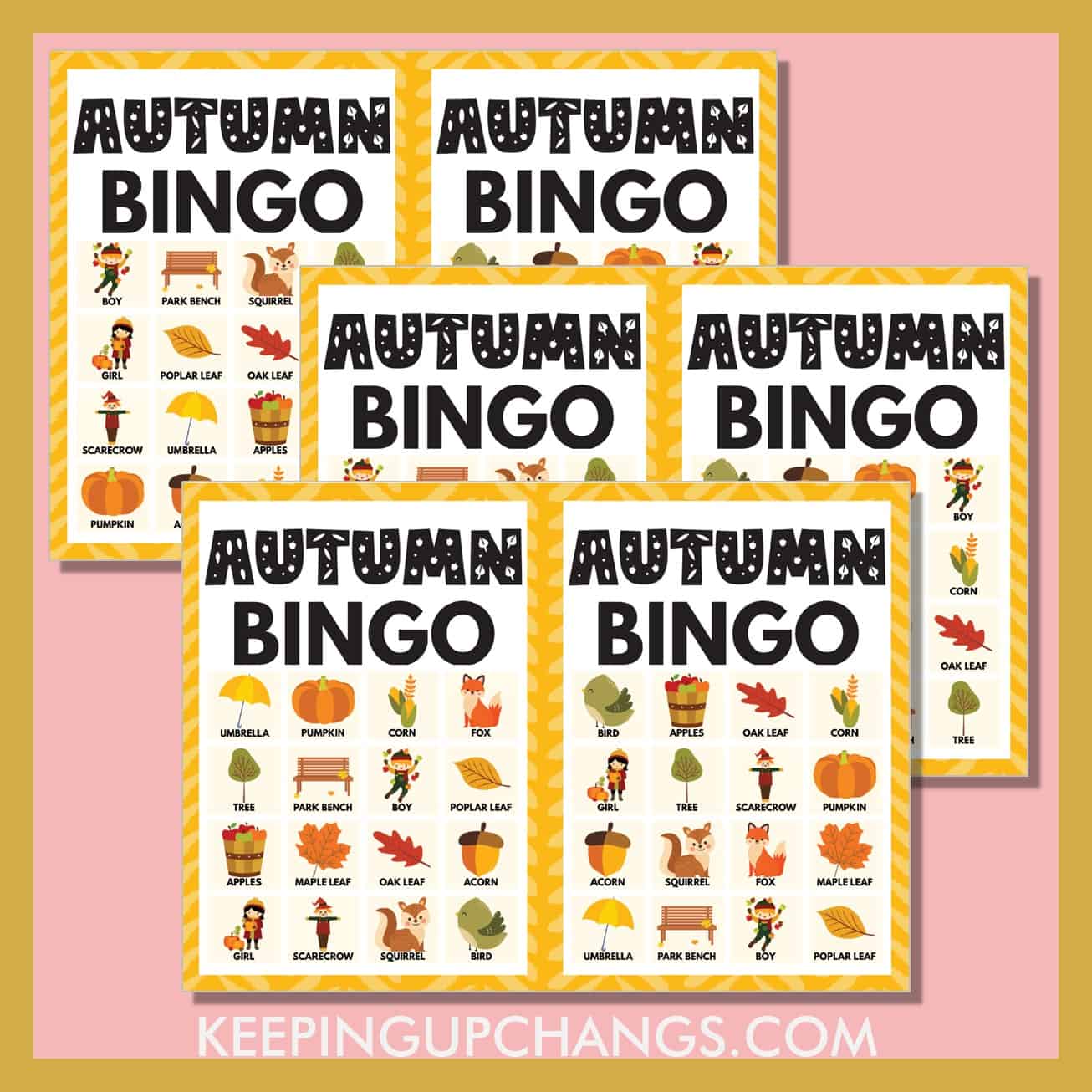 free fall autumn bingo 4x4 game cards.