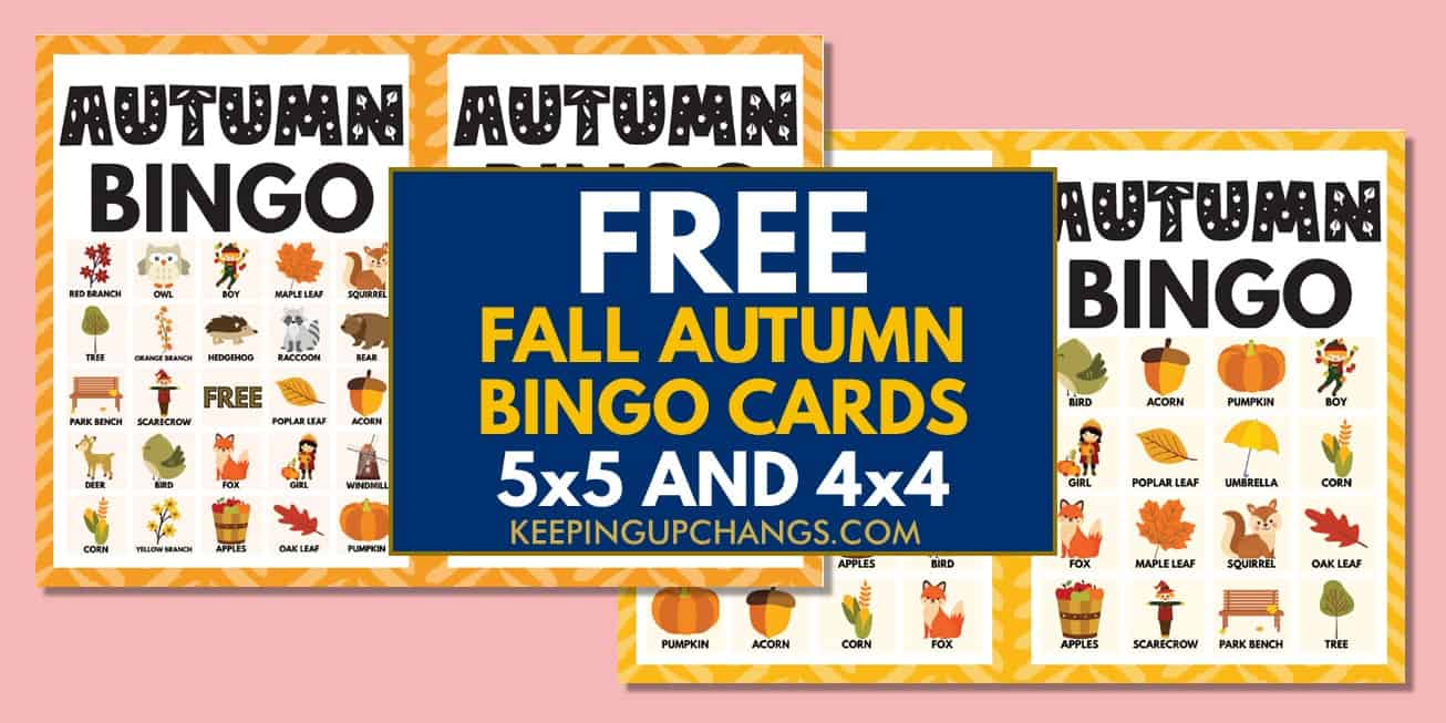 free fall, autumn bingo cards 5x5 4x4 for birthday party, wedding, baby shower.