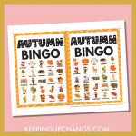free autumn fall bingo card 5x5 5x7 game boards with images and text words.