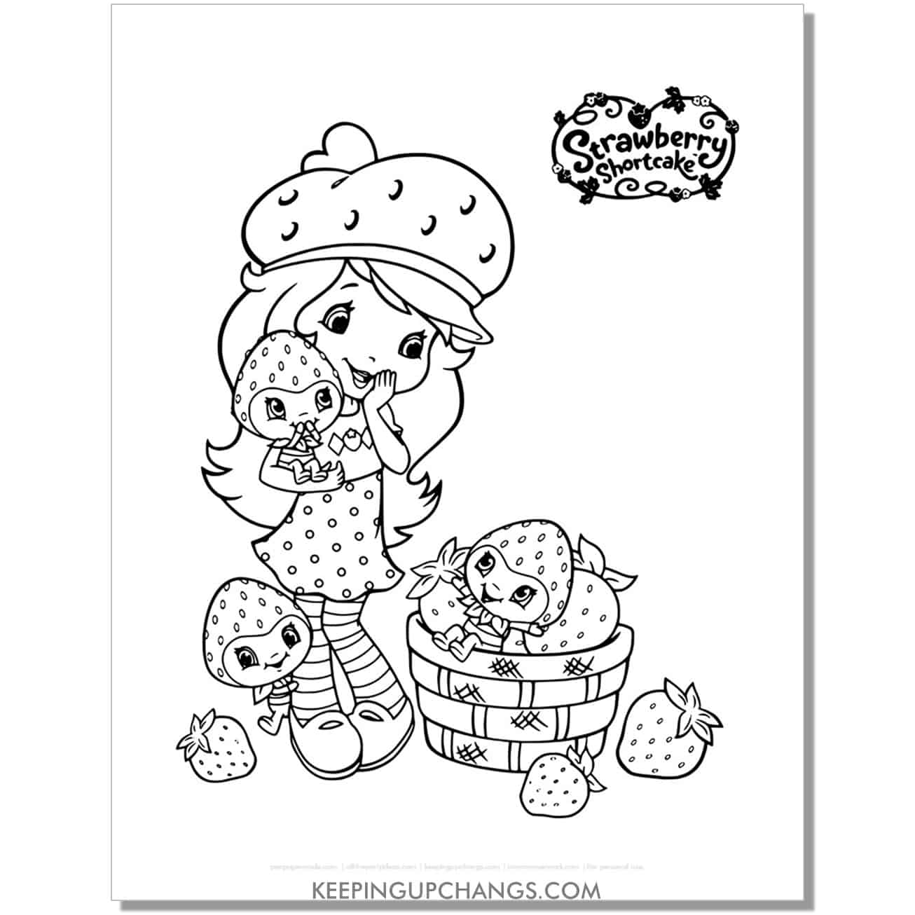 free strawberry shortcake with babies coloring page, sheet.