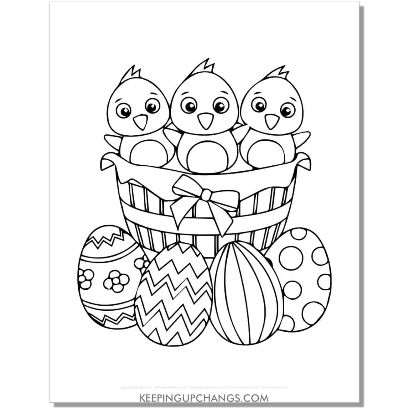 baby chicks flapping wings in basket with eggs outside basket coloring page, sheet.