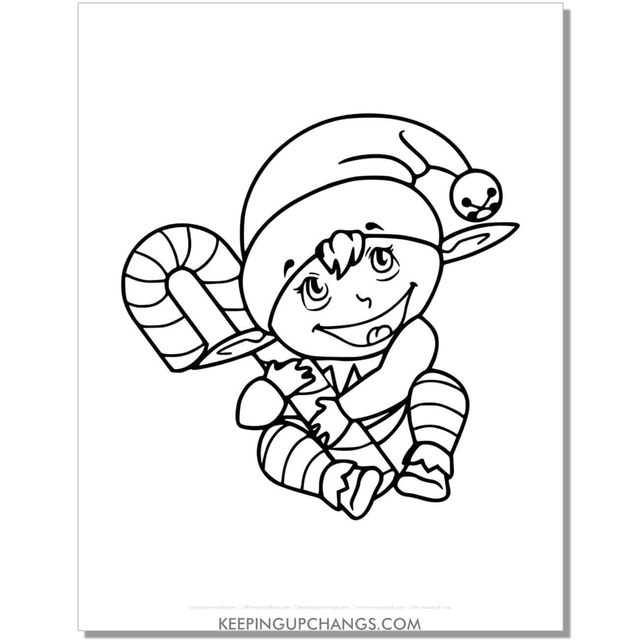 free baby elf with candy cane coloring page.