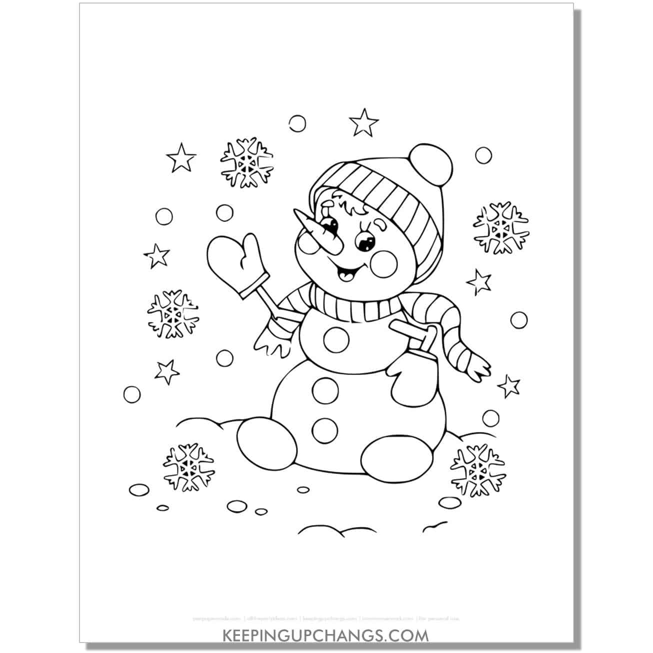 free vintage baby snowman with snowflakes coloring page.