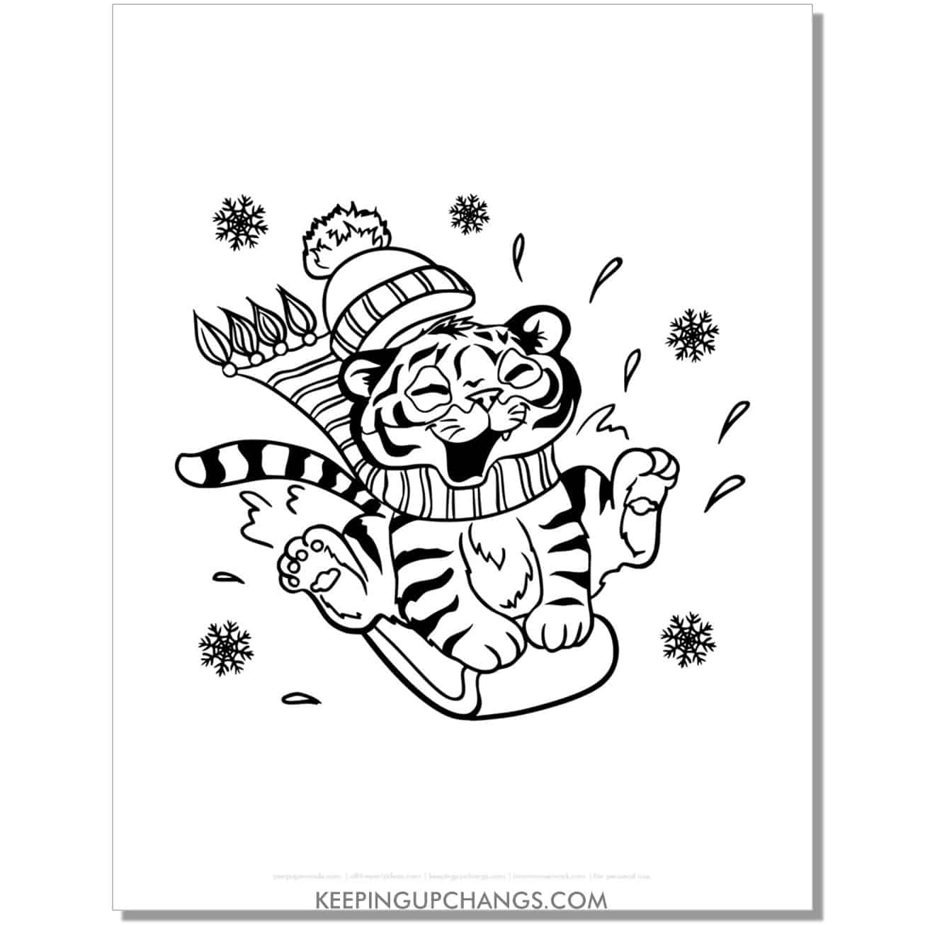 free baby tiger sledding down hill christmas animal coloring page.