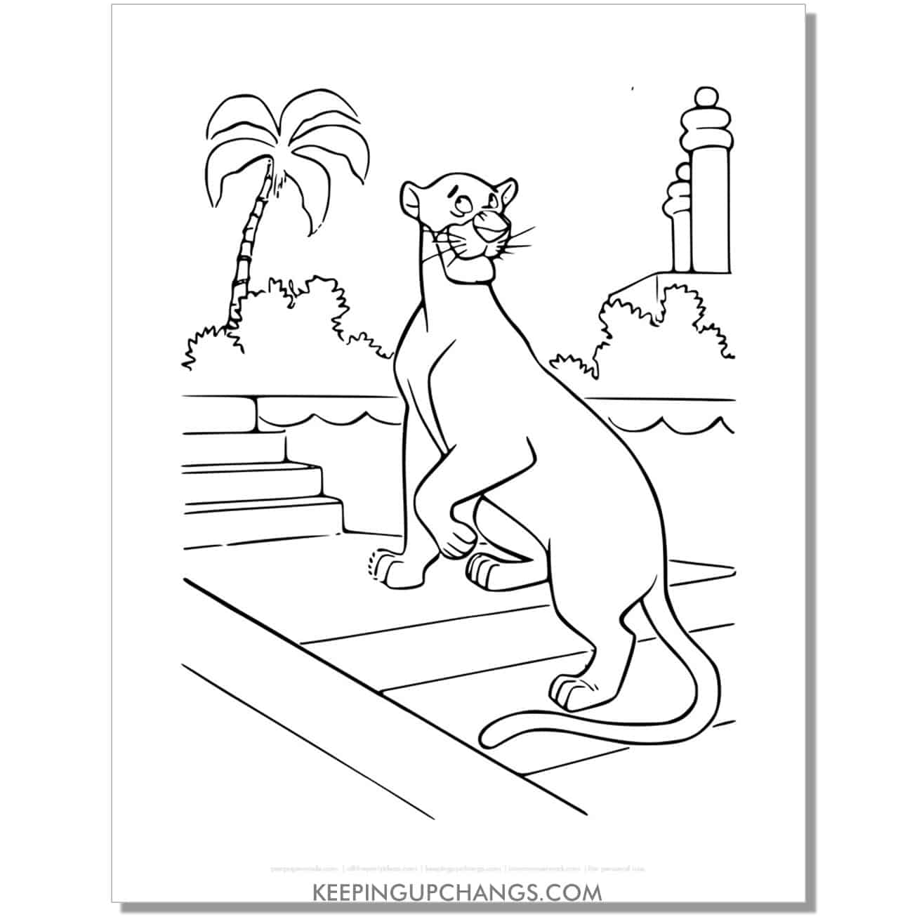bagheera on temple steps jungle book coloring page, sheet.