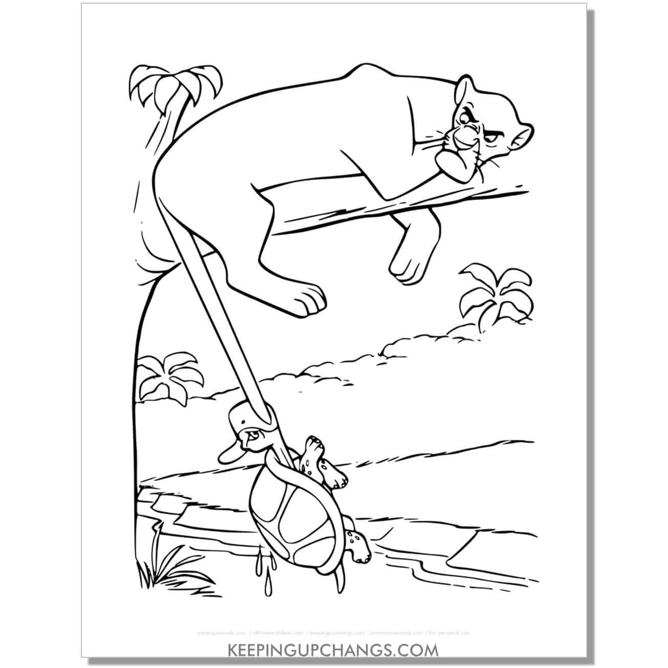 turtle biting on bagheera's tail jungle book coloring page, sheet.