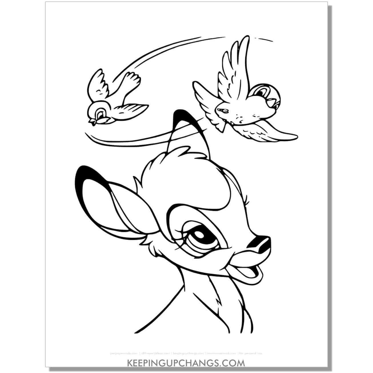 free birds flying above bambi's head coloring page, sheet.