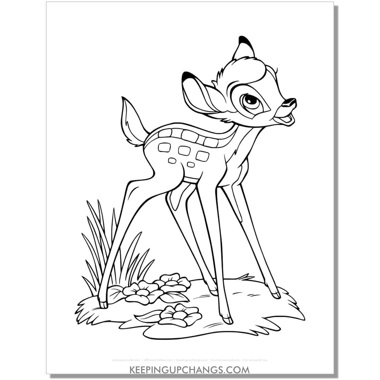 free bambi standing on 4 legs coloring page, sheet.