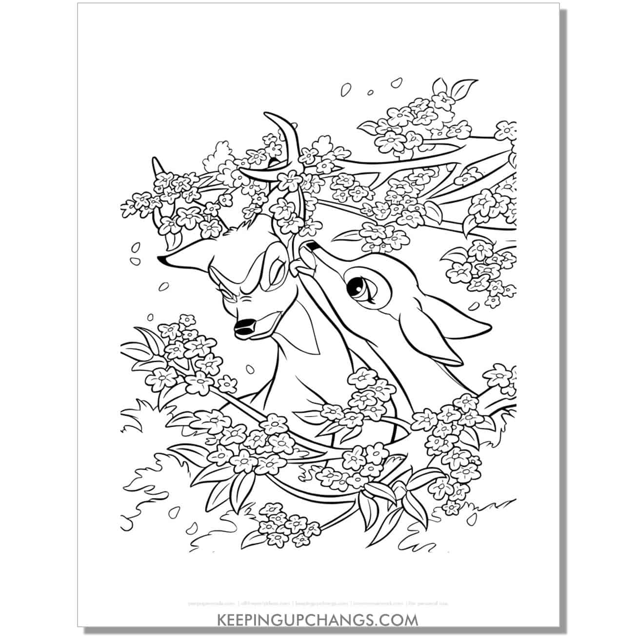 free bambi being licked by deer coloring page, sheet.
