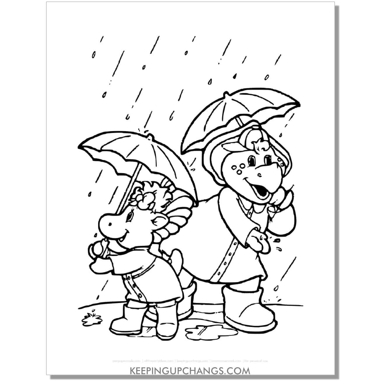 free baby bop, bj in the rain coloring page, sheet.