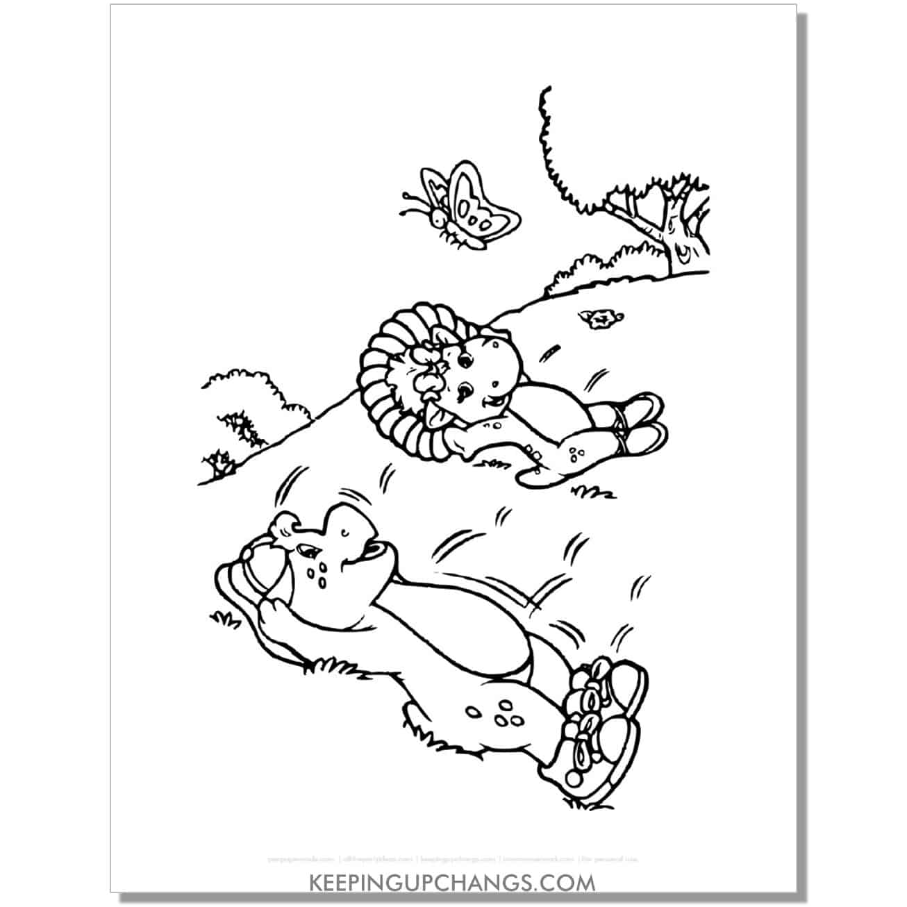 free baby bop, bj rolling down hill coloring page, sheet.