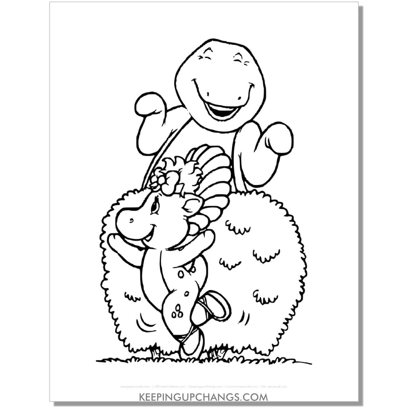 free barney and baby bop dancing around bush coloring page, sheet.