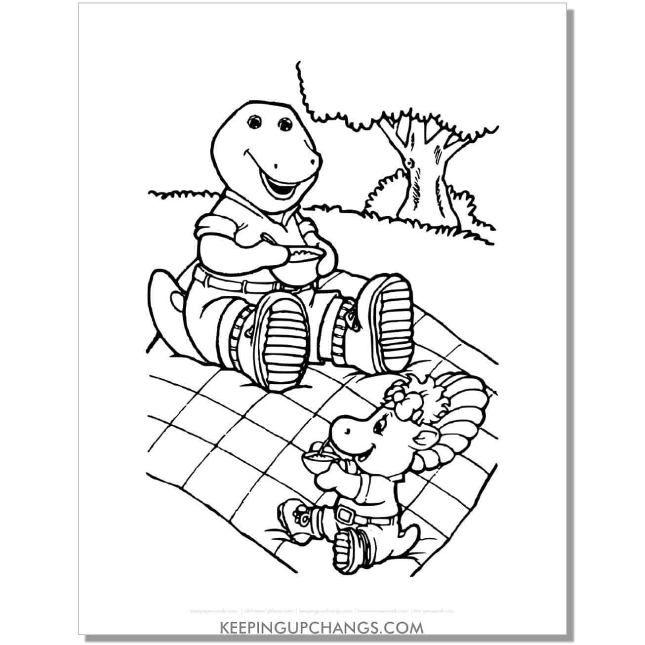 free barney and baby bop picnic coloring page, sheet.