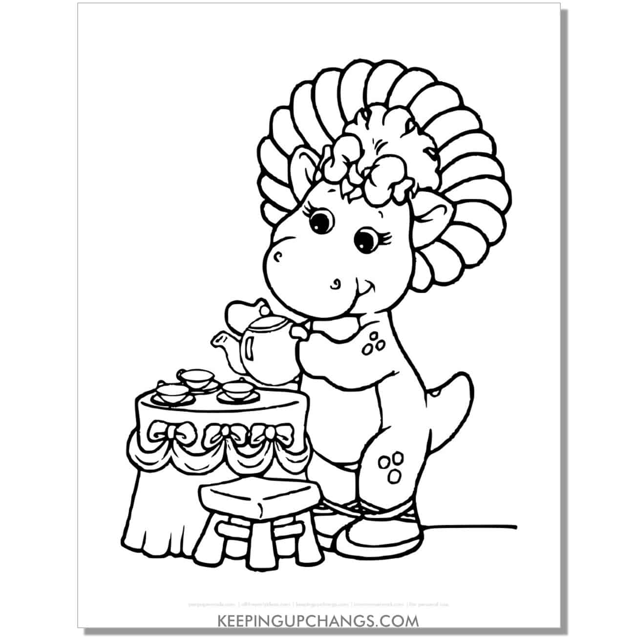free baby bop pretend tea party coloring page, sheet.