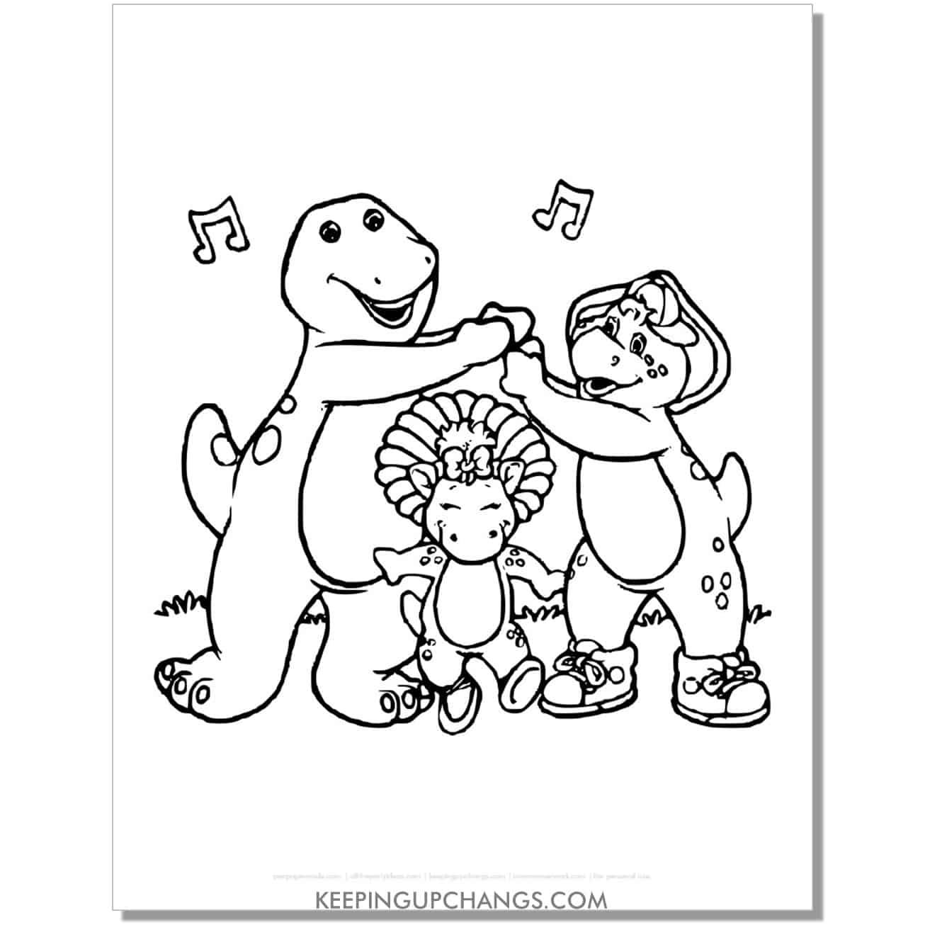 free barney, baby bop, bj singing i love you song coloring page, sheet.
