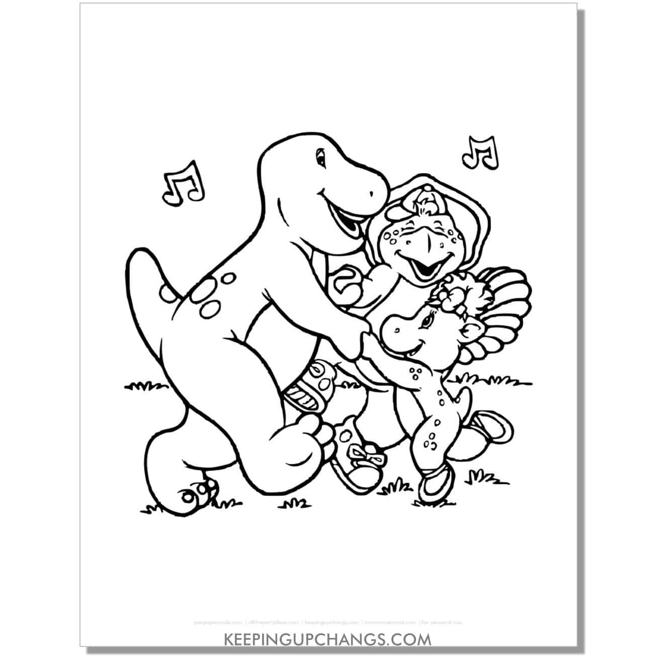 free baby bop, bj, barney singing happy birthday song coloring page, sheet.