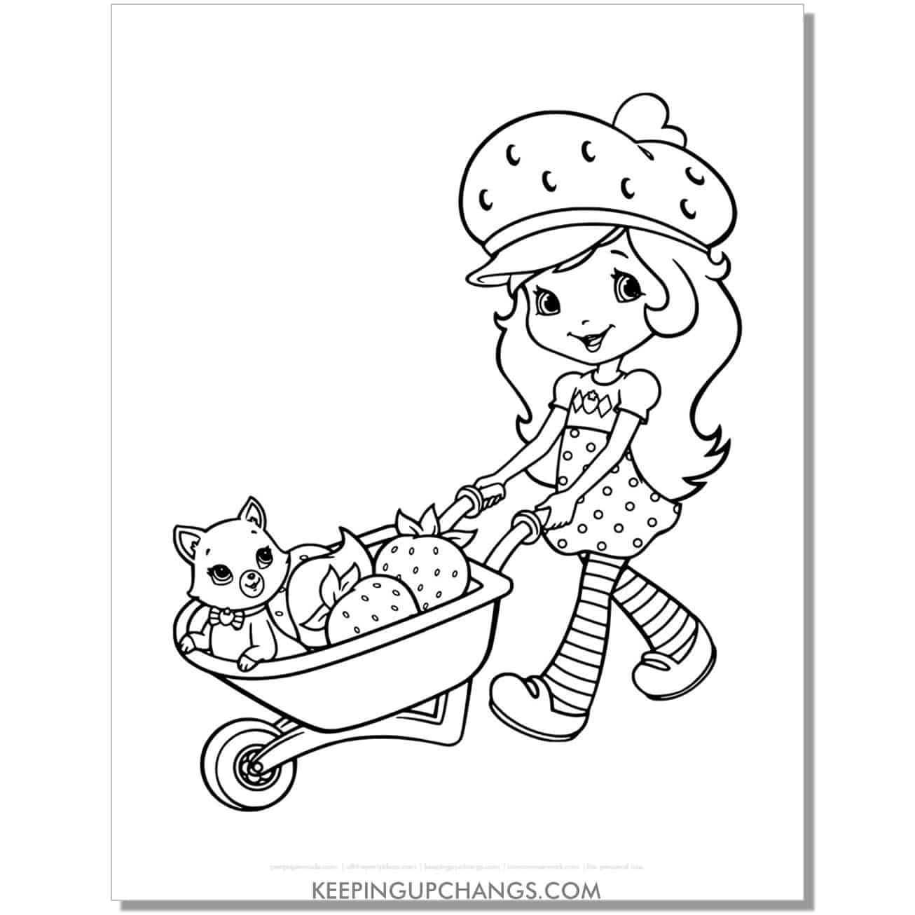 free strawberry shortcake pushing barrel of strawberries with cat custard coloring page, sheet.