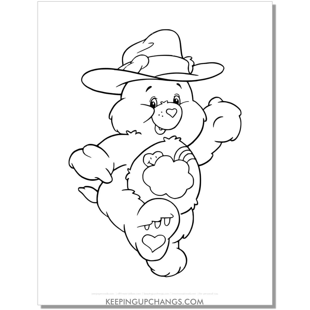 bashful bear explorer hat care bear coloring page, sheet.