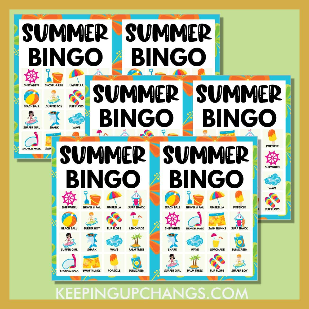 free summer beach bingo 4x4 game cards.