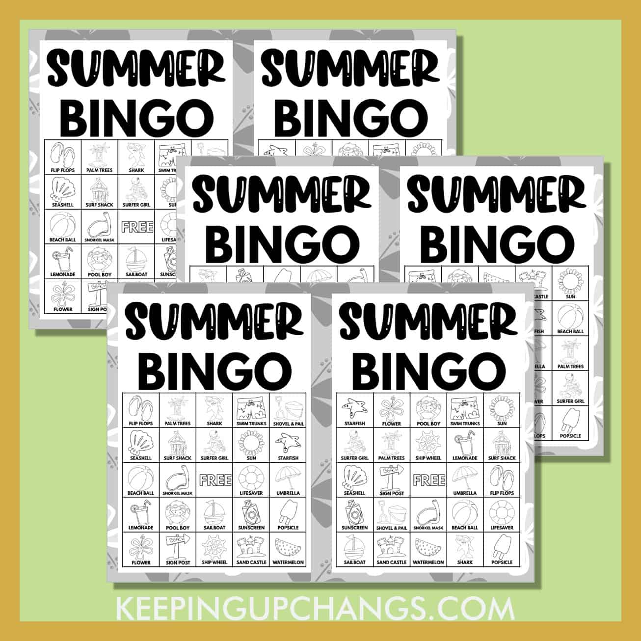 free black, white summer beach bingo 5x5 game cards.