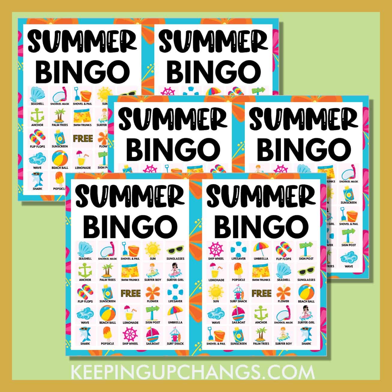 free summer beach bingo 5x5 game cards.