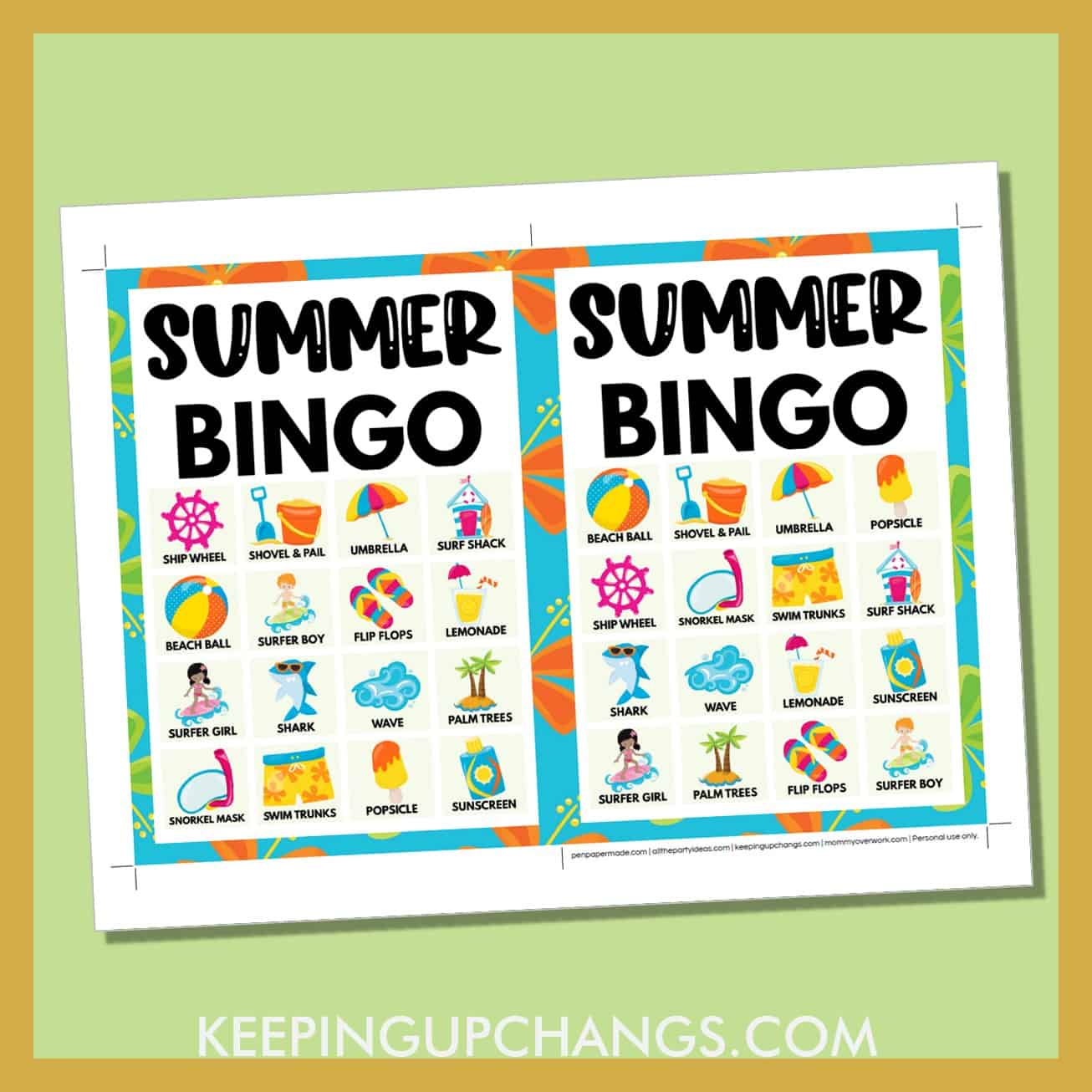 free summer beach bingo card 4x4 5x7 game boards with images and text words.