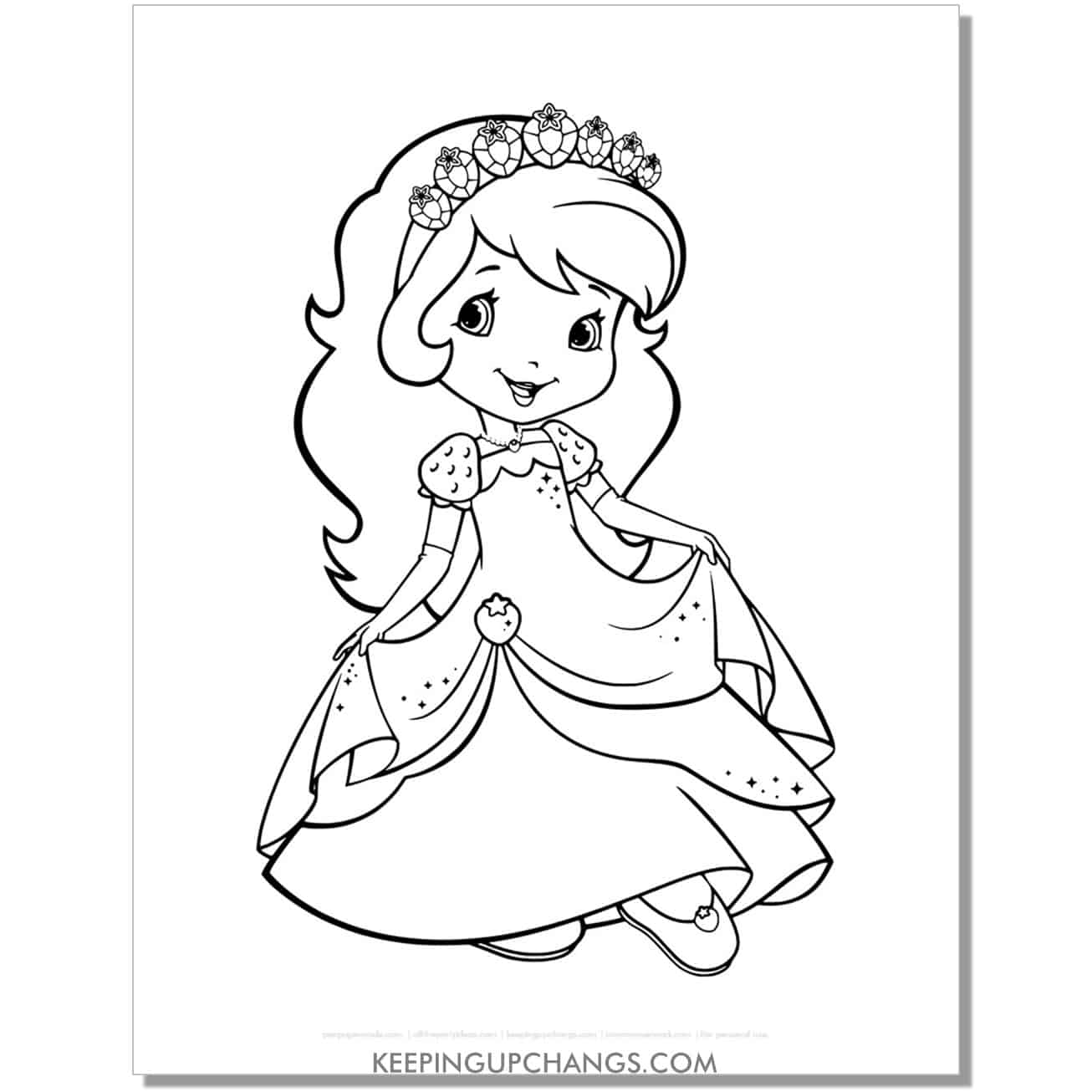 free strawberry shortcake in gown and tiara coloring page, sheet.