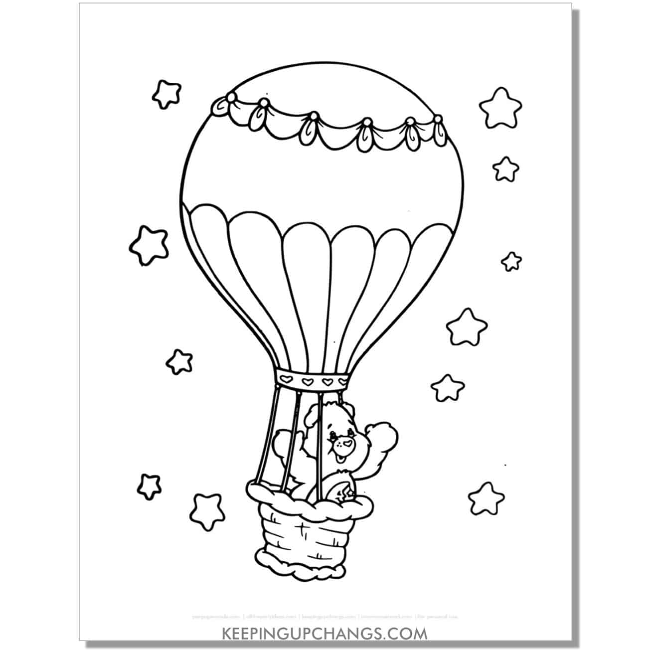 bedtime bear in hot air balloon care bear coloring page, sheet.