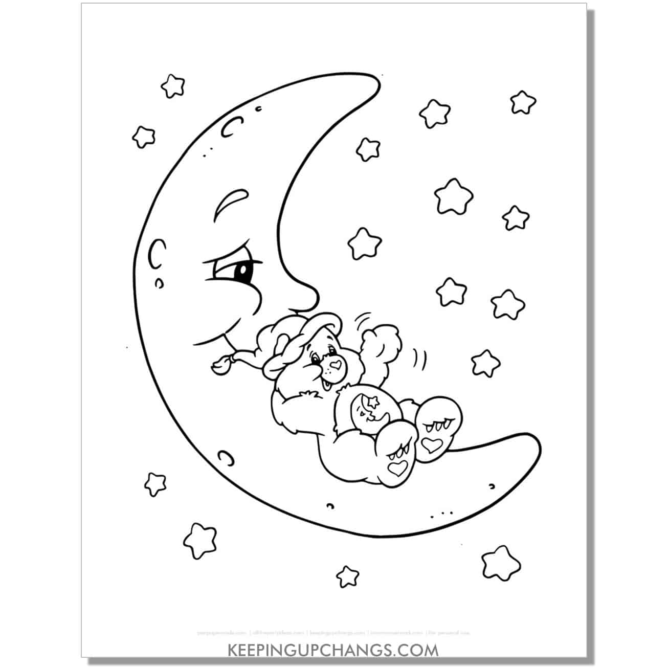 bedtime bear in cresecent moon care bear coloring page, sheet.