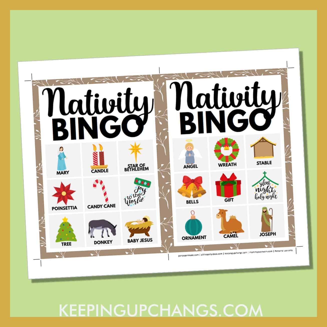 free bible nativity christmas bingo card 3x3 5x7 game boards with images and text words.