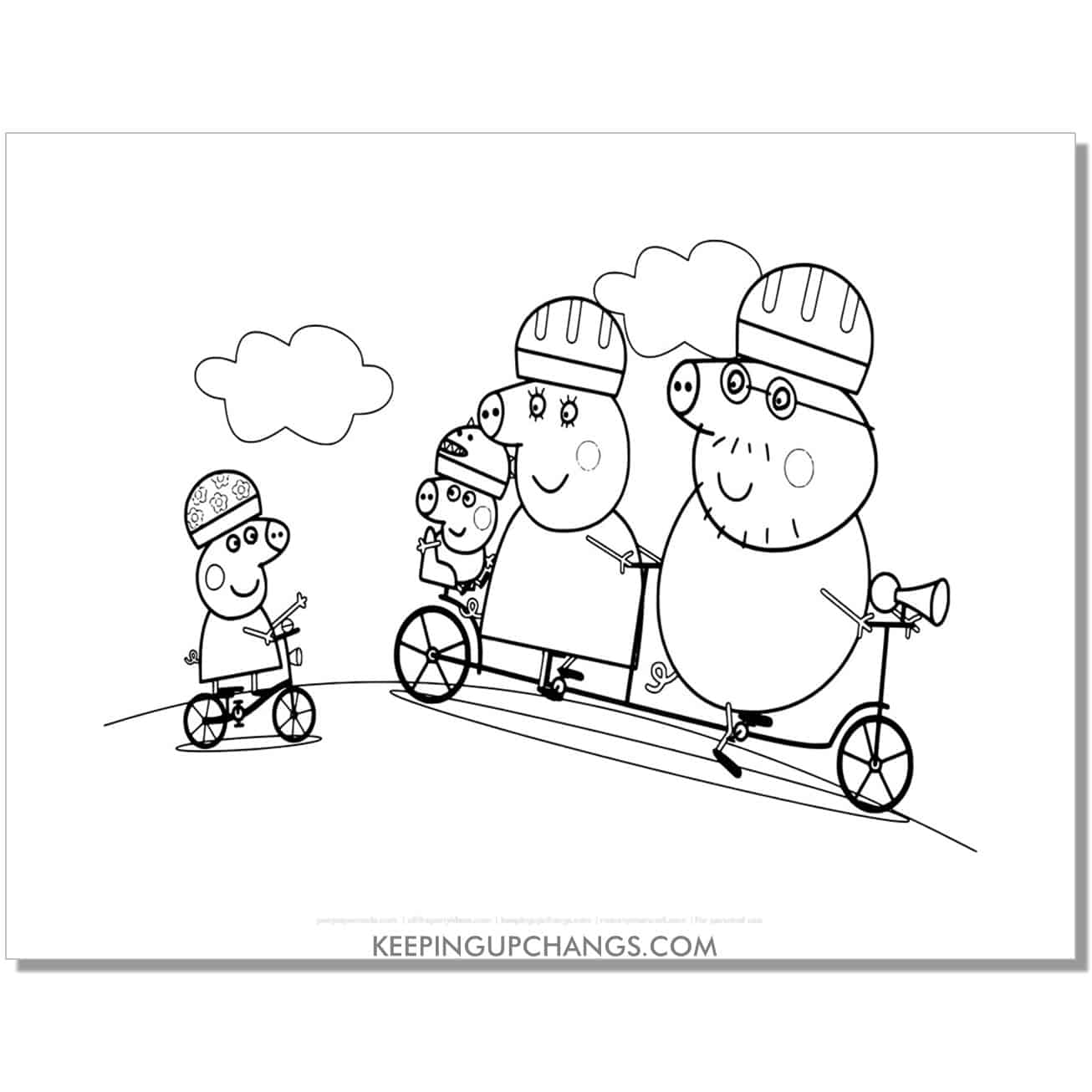 free peppa pig family on bikes coloring page, sheet.