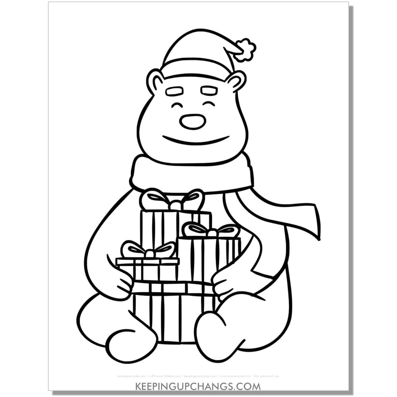 free large bear sitting with presents christmas animal coloring page.