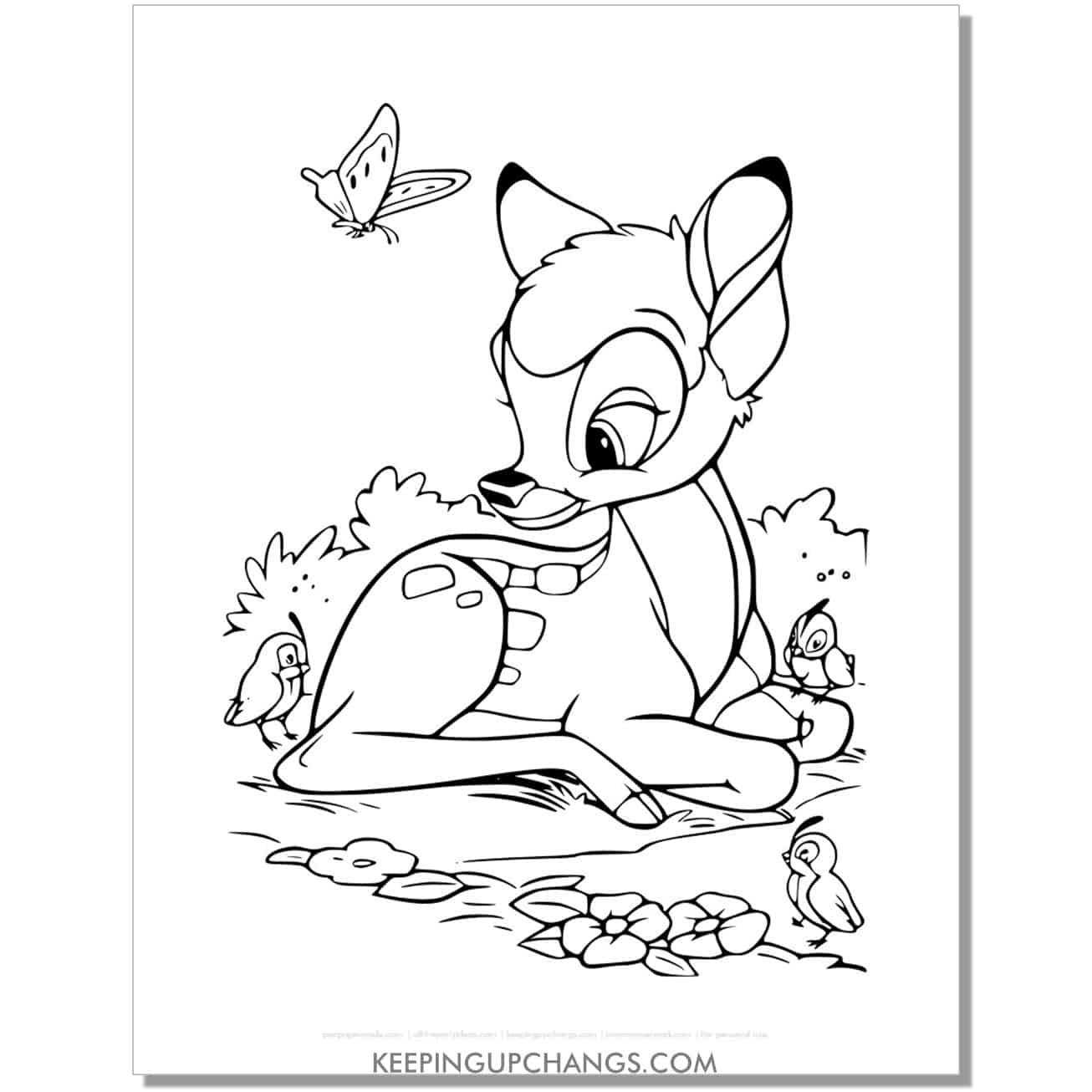 free bambi with the birds coloring page, sheet.