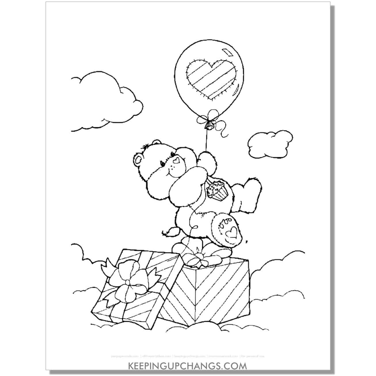 birthday bear with valentine heart balloon care bear coloring page, sheet.