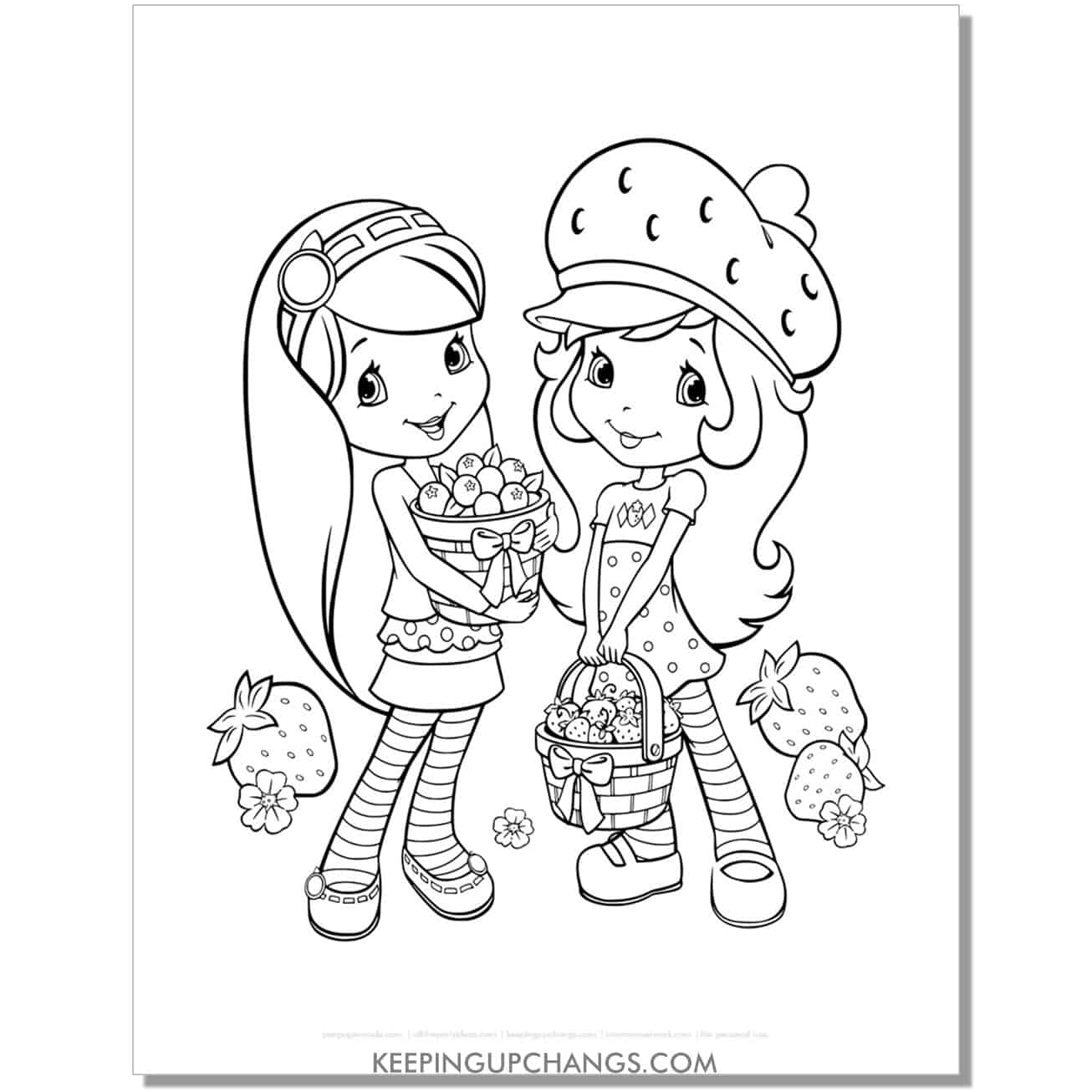 free blueberry muffin and strawberry shortcake harvesting berries coloring page, sheet.