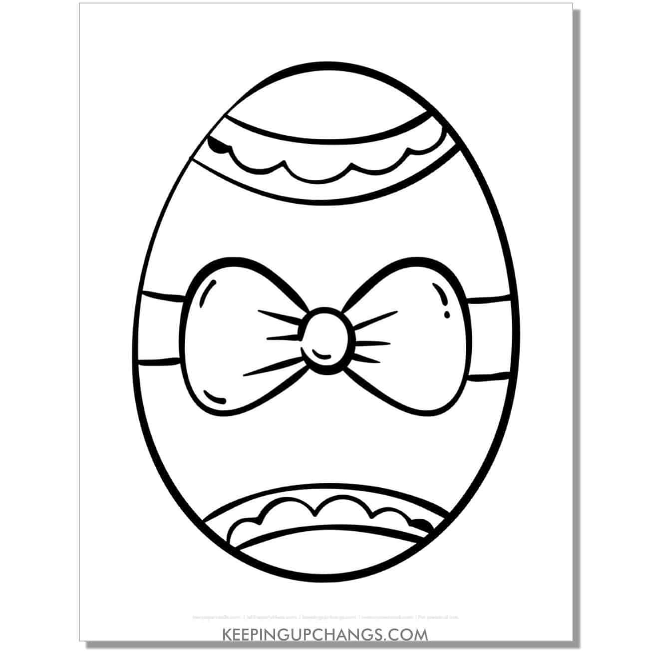 free large easter egg with bow coloring page, sheet.