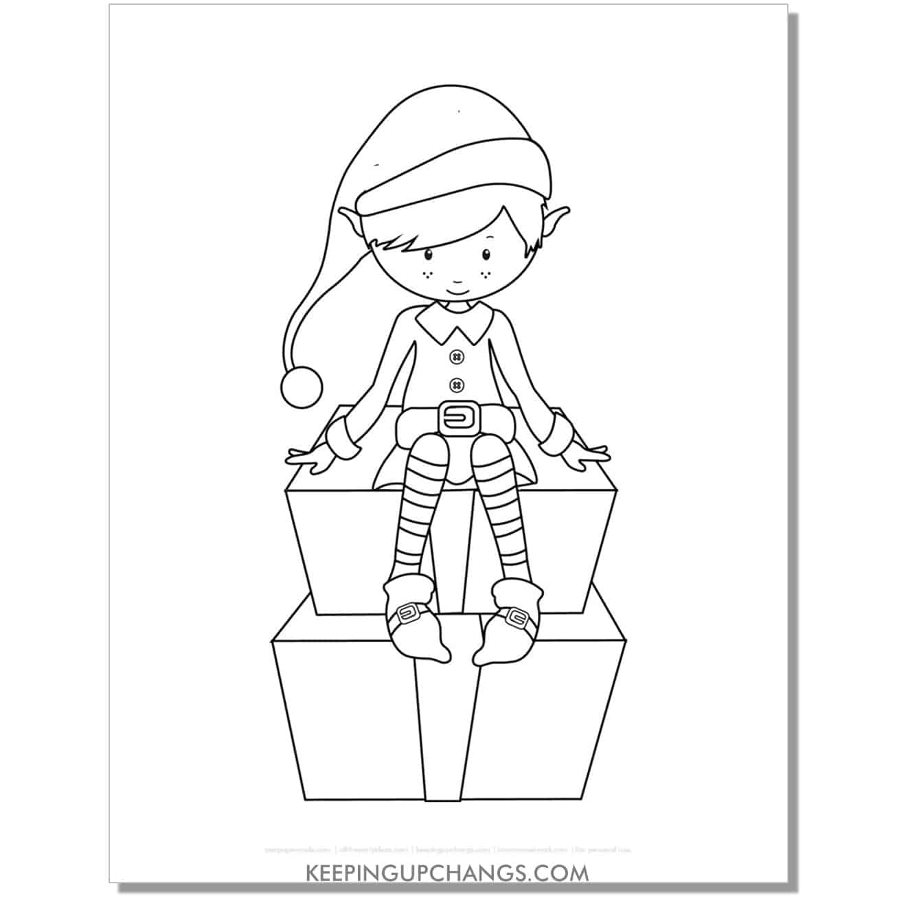 free cute boy elf sitting on gift tower coloring page.