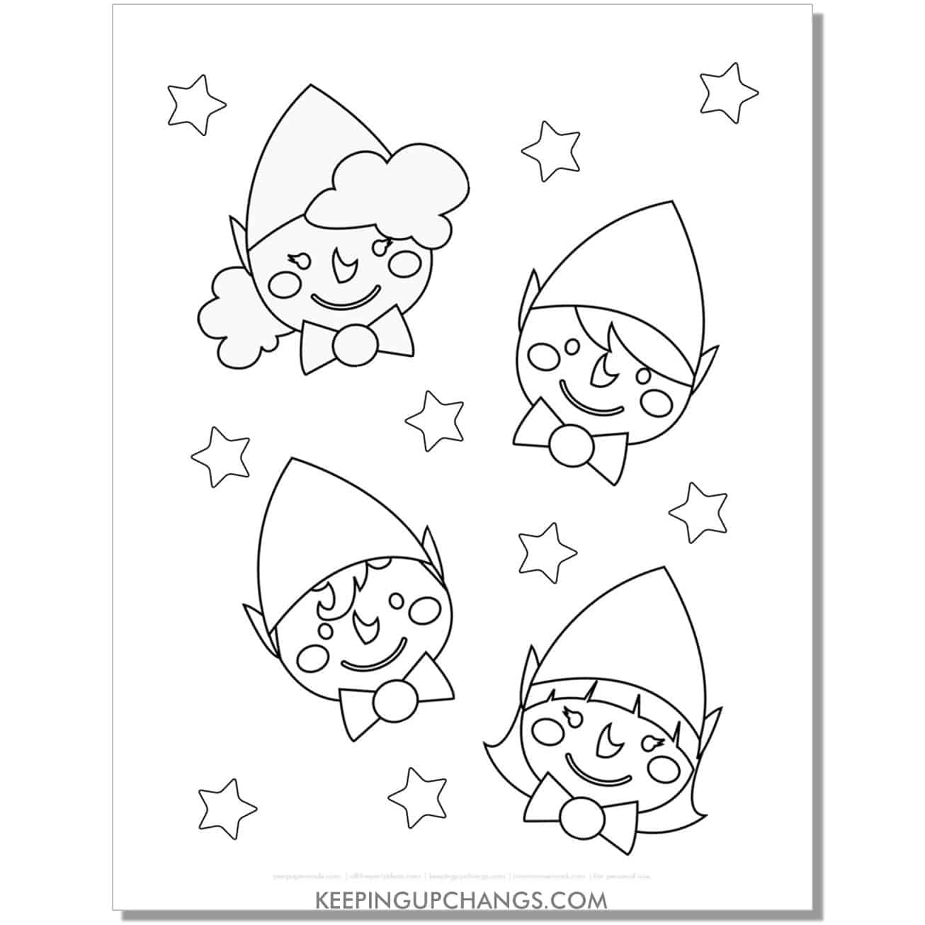 free boy, girl elf heads coloring page.