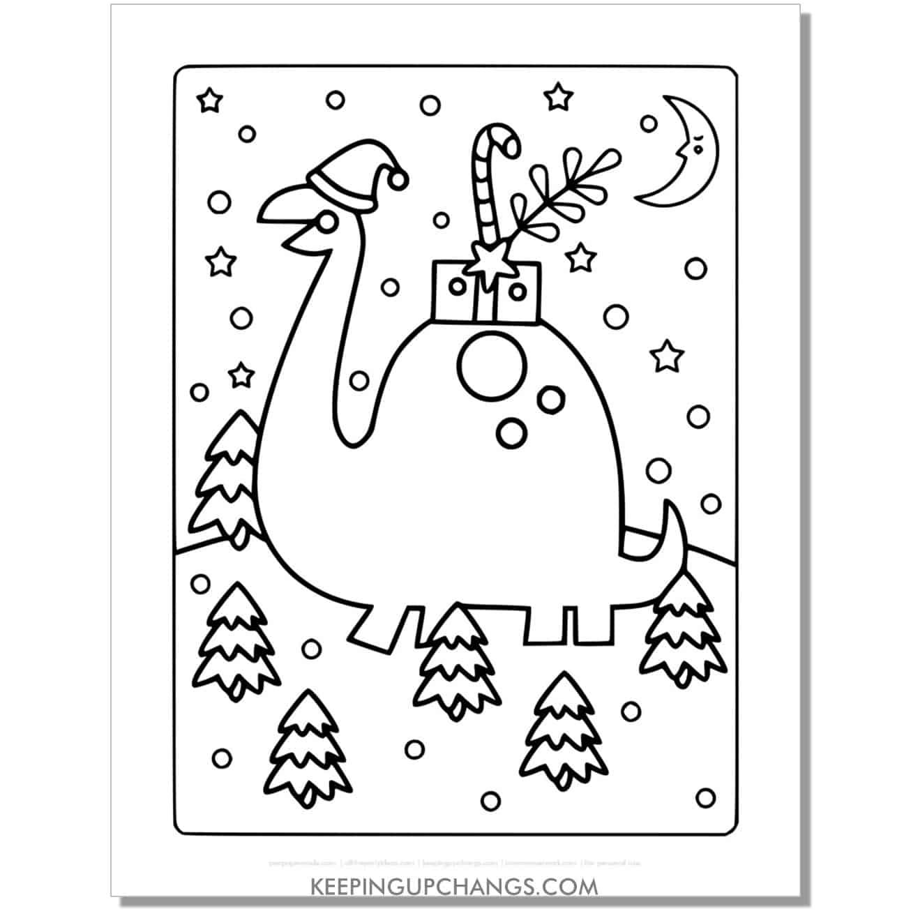 free full size christmas brontosaurus dinosaur with trees, gift, falling snow coloring page.
