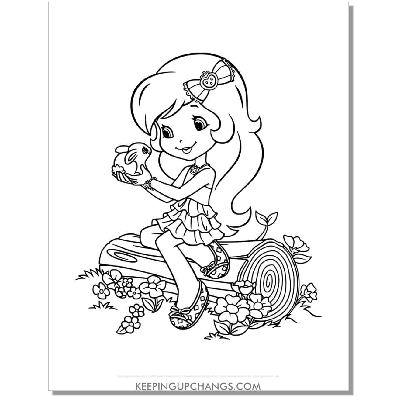 free strawberry shortcake holding baby bunny coloring page, sheet.