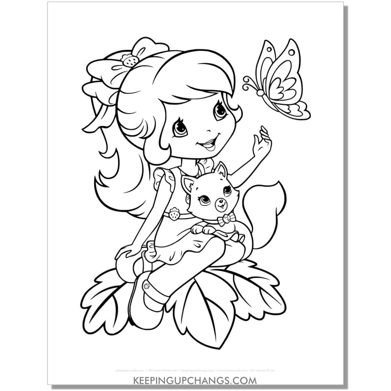 free strawberry shortcake and cat custard with butterfly coloring page, sheet.