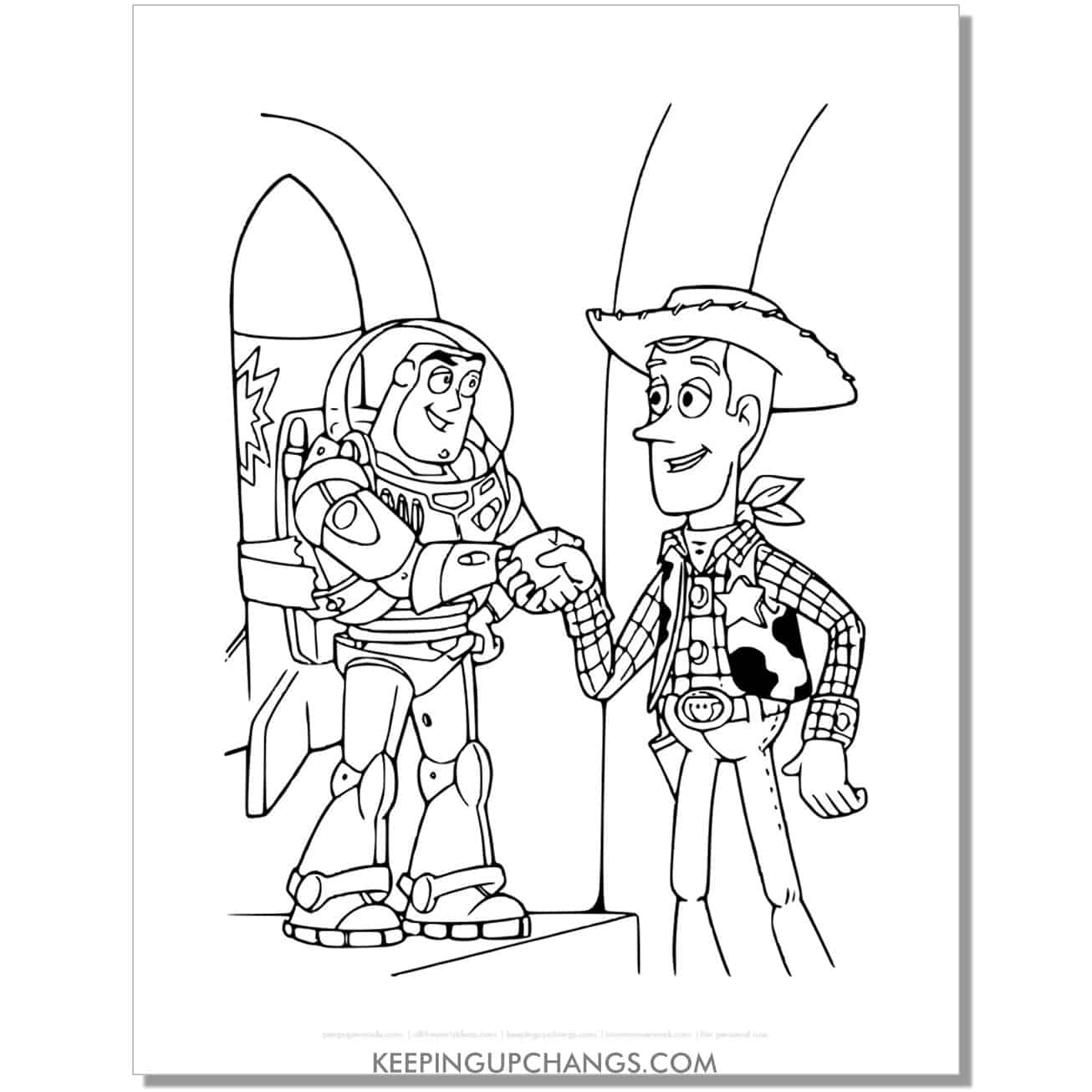 free woody shaking hands with buzz lightyear toy story coloring page, sheet.